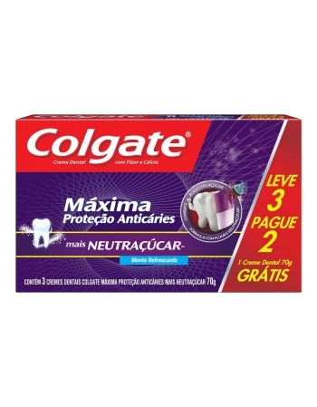 CREME DENTAL COLGATE MÁXIMA PROTEÇÃO ANTICÁRIES MAIS NEUTRAÇÚCAR 70G LEVE 3 PAGUE 2